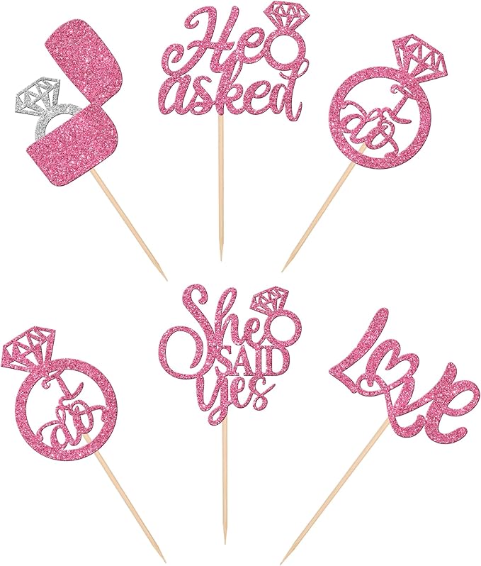 30 PCS He Asked She Said Yes Cupcake Toppers Diamond Ring Cupcake Picks Love I Do Cake Picks for Wedding Enaggement Bridal Shower Party Cake Decorations Supplies Pink