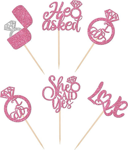 30 PCS He Asked She Said Yes Cupcake Toppers Diamond Ring Cupcake Picks Love I Do Cake Picks for Wedding Enaggement Bridal Shower Party Cake Decorations Supplies Pink