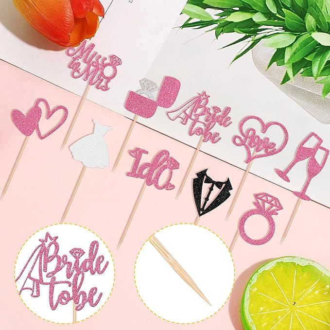 30 PCS Bride to Be Cupcake Toppers Glitter Miss to Mrs I Do Love Heart Ring Cupcake Picks Wedding Bridal Shower Cake Decorations for Wedding Engagement Bachelorette Party Supplies Pink