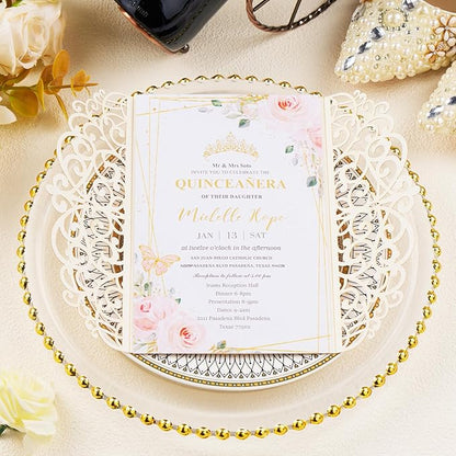 25pcs Glitter Laser Cut Wedding Invitation Kits Pink Personalized Invitation Pockets 5×7 Invitations with Envelopes and RSVP Cards Blank for Wedding Quinceanera Bridal Shower Engagement Birthday Party