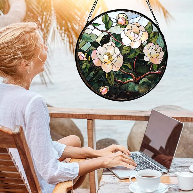 Stained Glass Suncatcher, Light Pink Flowers Green Leaf Sun Catcher Plant Stain Glass Window Hanging Decoration Mother's Day Birthday Gifts for Women Men Mom Nana 7.8 in