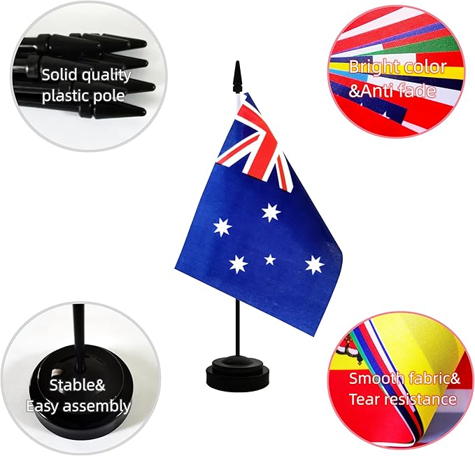 2 Pack Australia Desk Flag, Australian Table Office Flag with Solid Pole and Stand Base, International Country Flag, Festival Celebration, Classroom Meeting Desktop Decoration (Australia)