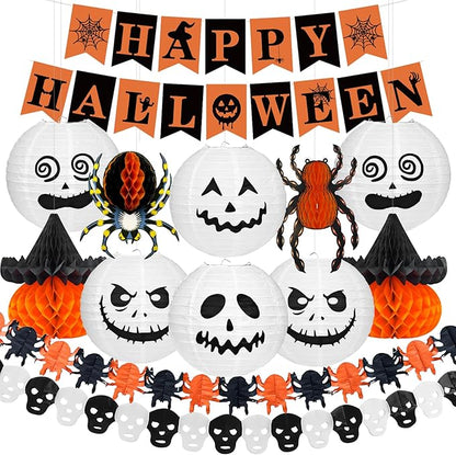Halloween Office Decorations Indoor Kit - Pumpkin Lanterns, Bats Skull Head Banner, Spider Pumpkin Hanging Happy Halloween Banner For Office Classroom Home 14PCS