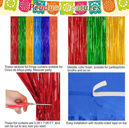 2 Pack Cinco De Mayo Decorations, 3.28 FT x 7.05 FT Fiesta Rainbow Backdrop, Mexican Style Fringe Curtains Tinsel Backdrop Party Streamer, Metallic Taco Party Decorations Mexican Decor