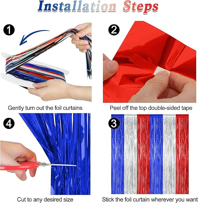 4 Pack 4th of July Decorations, 3.28 FT x 7.05 FT Independence Photo Backdrop, Metallic Blue Silver Red Backdrop Curtains Fringe Curtains Party Streamer, Patriotic Decor Fourth of July Party Supplies