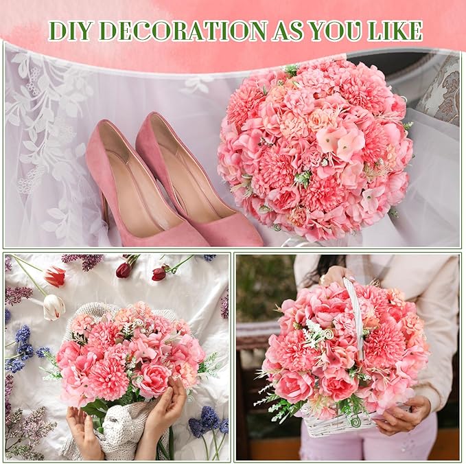 Tigeen Artificial Flowers Artificial Peonies Silk Flowers Faux Peony Fake Peony Silk Hydrangea Bouquet for Wedding Table Centerpiece Floral Vase Decor(Rose Pink,24 Bundles)