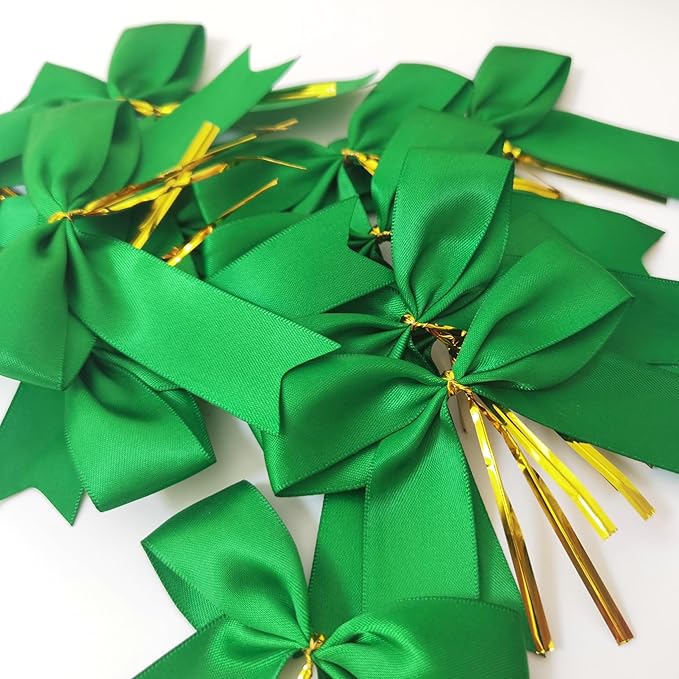 50pcs 3-1/2" Green Twist Ties Satin Green Bows with Twist Tie Bows Fish Tail Cutting(Green)