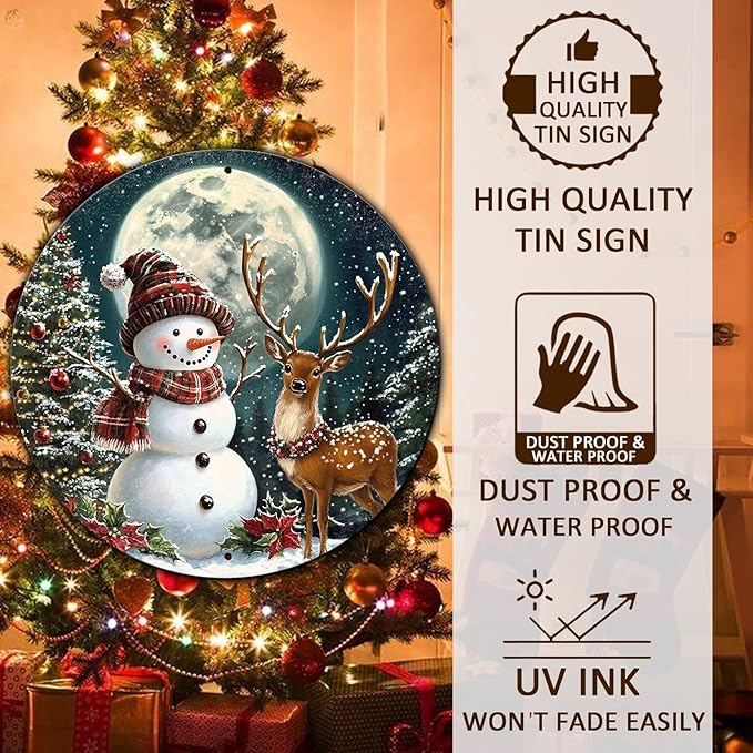 Christmas Snowman Decor Round Metal Tin Sign Christmas Deer Vintage Tin Sign for Home Coffee Wall Decor for Christmas Family Wall Decoration 8 * 8 in