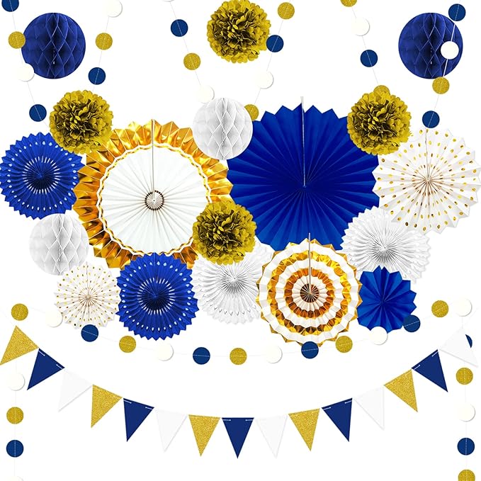 Blue and Gold Party Decorations - 23Pcs Navy Blue White Gold Baby Shower Birthday Decor for Men Boy Kids with Hanging Paper Fans, Pom Poms Flowers, Garland String Polka Dot Packs