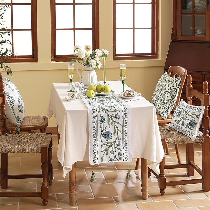 ISAENNE Designer Elegant Linen Table Runner 87 Inches Long,Vintage Blue Floral Pattern Decor Table Runners for Dining Tables,Kitchen Tables,Thanksgiving,Christmas,Banquet,12"*87"-Mosella E