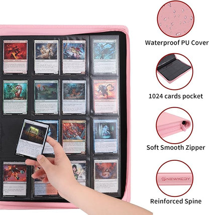 Snekdy premium 1024-pocket trading card binder, 16-pocket cards album, waterproof PU-leather Cover album with side loading, holds gaming, baseball, basketball & sports cards (Pink)