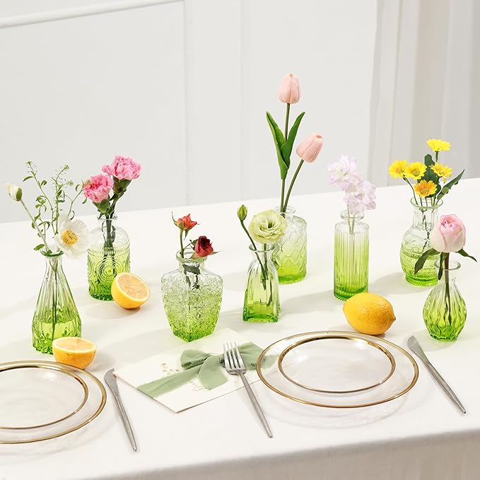 Vintage Small Glass Vases Set of 10,Mini Bud Vases for Flowers,Amber Glass Vases for Centerpieces,Wedding Decorations,Home Table Flower Decor (Olive Green)