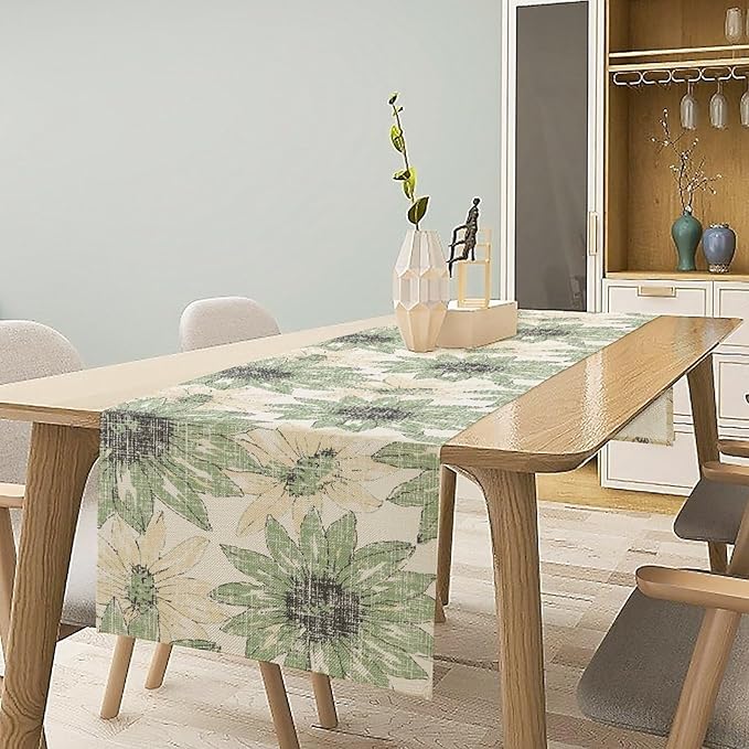 Chrysanthemum Vintage Floral Table Runner, Elegant Yellow Sunflower Spring Summer Elegant Pattern Artichokes Flower Table Runner for Party Kitchen Dining Living Room Decor, 13x90 Inch