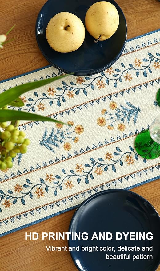 ISAENNE Designer Pale Yellow Elegant Linen Extra Long Table Runner 118 Inches,French Floral Pattern Elegant Table Runners for Dining Tables,Thanksgiving,Kitchen Tables,Christmas,12"*118"-Estevan A