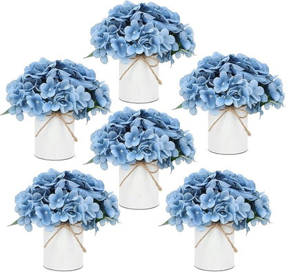 Flower Table Centerpieces - Set of 6 Floral Arrangement Artificial Wedding Hydrangeas Floral Arrangement with Rustic Metal Vase for Bridal Tea Party Event Decorations - Dusty Blue