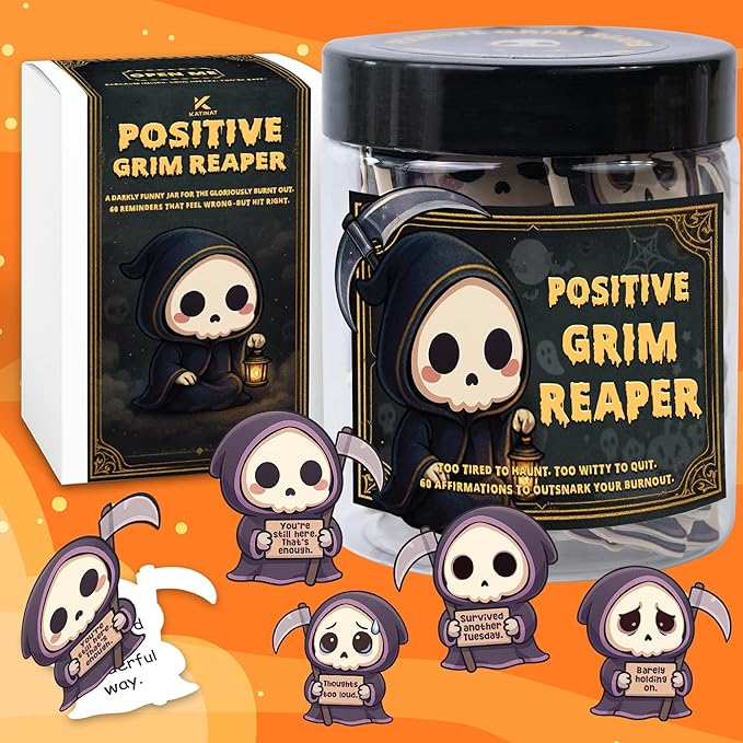 Emotional Support Grim Reaper – Positive Grim Reaper Jar, Dark Humor Spooky Gifts, Halloween Basket Stuffers for Adults Women Men & Funny Halloween Gifts for Adults, Coworkers, Boo Basket Stuffers
