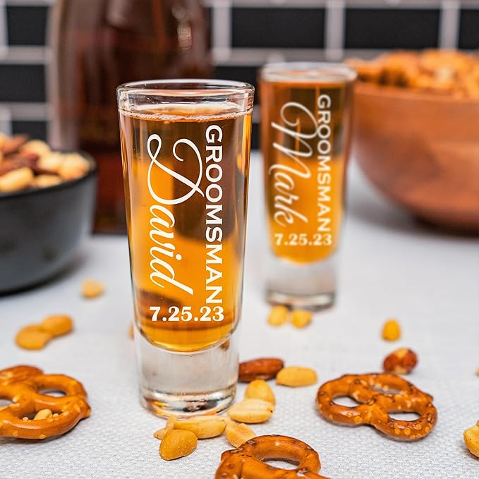 Custom Engraved 2 oz Shot Glass – Personalized Etching – Groomsman & Bridesmaid Gift – Wedding Favor Set of 2
