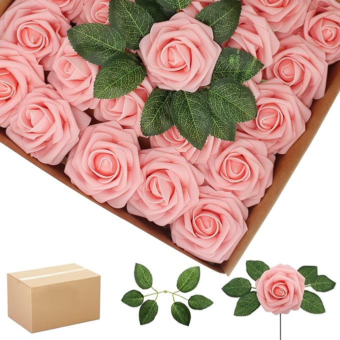 200PCS Artificial Flowers Pink Roses Real Looking Foam Fake Roses with Leaves for DIY Wedding Bouquets Bridal Shower Party Decorations (Pink, 200)