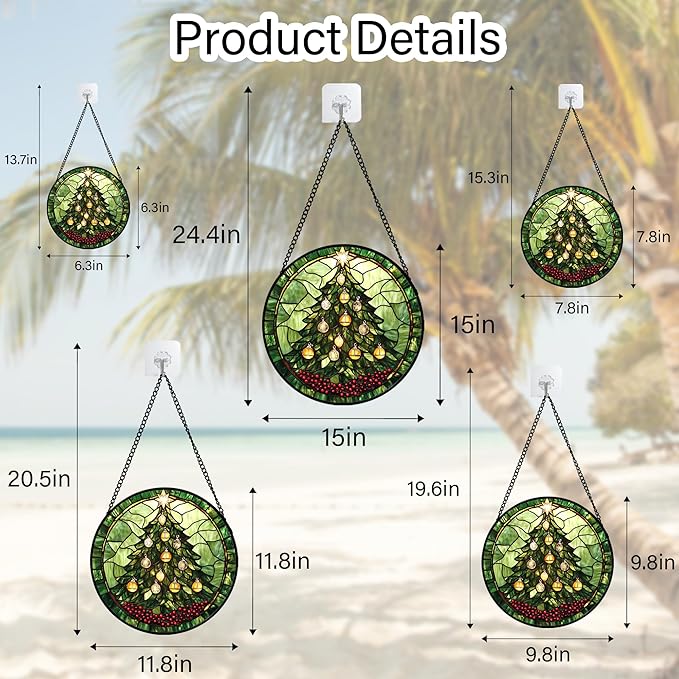 Stained Glass Window Hanging - Green Christmas Tree Golden Bells Suncatcher for Doors Home Christmas Decoration Sun Catcher Thanksgiving New Year Birthday Gift for Women Men Mom Nana 15 in