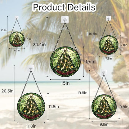 Stained Glass Window Hanging - Green Christmas Tree Golden Bells Suncatcher for Doors Home Christmas Decoration Sun Catcher Thanksgiving New Year Birthday Gift for Women Men Mom Nana 15 in