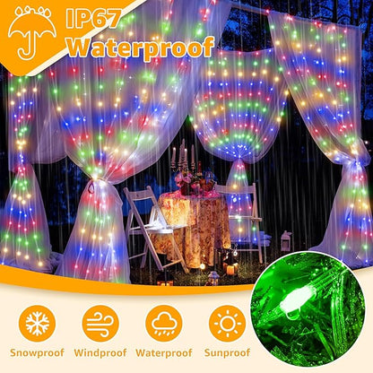 Ollny Curtain Lights 600LED 19.7ft x 9.8ft, IP67 Waterproof Outdoor Curtain Rice Lights with Remote, Plug-in Untangle Fairy Light with 8 Modes 3 Timers for Wall Waterfall Backdrop Decor(Multicolored)