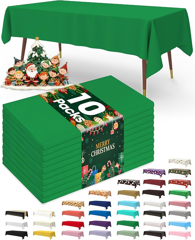 Pureegg Plastic Table Cloth Disposable 10 Pack, 54 x 108 Inch Table Cloths, St Patricks Day, Christmas Decorations, Tablecloths, Rectangle, Forest, Plastic Cover, Leakproof & Sturdy, Green
