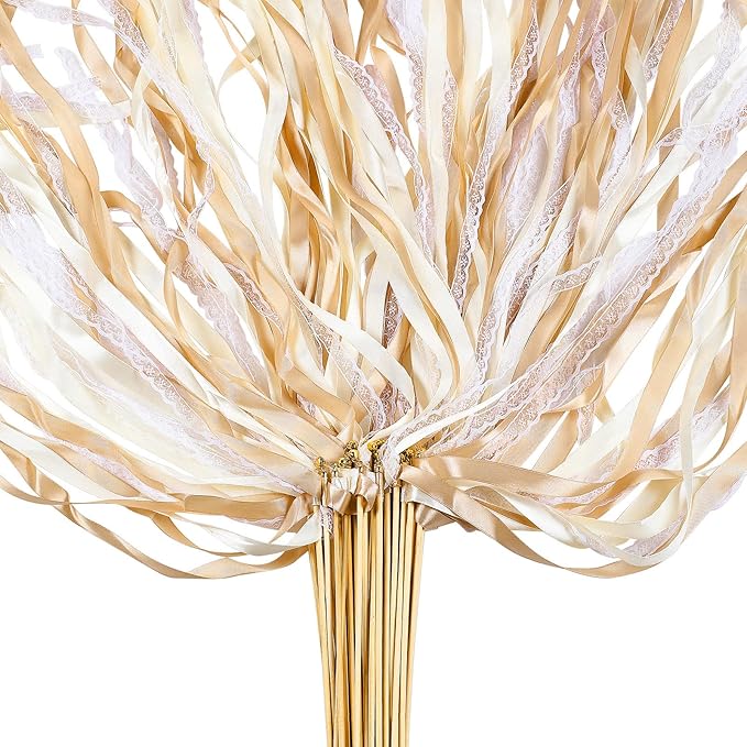 Taiyin 150 Pcs Lace Ribbon Stick Wands Wedding Wand Streamers with Bell Silk Ribbon Fairy Wand Wedding Send Off Streamer for Baby Shower Holiday Party Favors(Champagne, Beige)