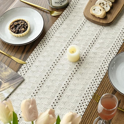 Artoid Mode Beige Farmhouse Woven Rustic Hollow Table Runner, Seasonal Holiday Hollow Kitchen Dining Table Decoration for Home Party Decor 12x120 Inch
