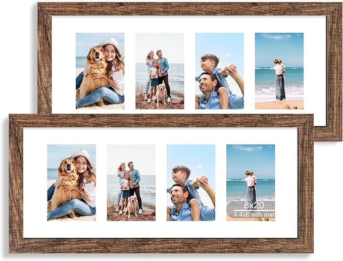 8x20 Picture Frame Set of 2, Rustic Brown Wood Frame with Tempered Glass Collage Frame, Display Pictures Four 4x6 With Mat or 8 x 20 Without Mat - Horizontal or Vertical Wall Mounting