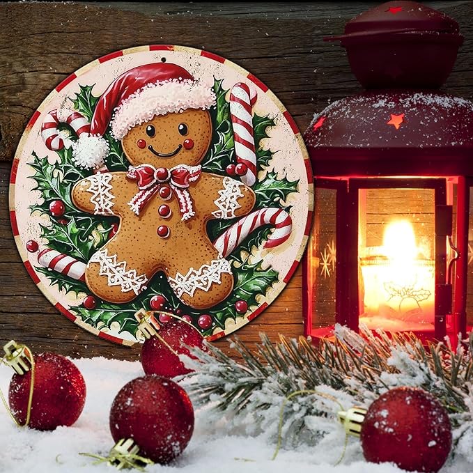 Round Christmas Metal Tin Sign Rustic Wall Decor Gingerbread Man Vintage Tin Sign Candy Canes Christmas Tin Sign for Home Garden Kitchen Bar Cafe Restaurant Garage Wall Decor 12 * 12 in