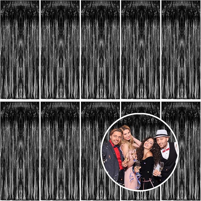 10 Pack Foil Curtain Backdrop Black Metallic Tinsel Foil Fringe Curtains Photo Booth Props for Birthday Wedding Engagement Baby Shower Bachelorette Christmas Holiday Celebration Party