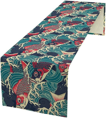 Kio Fish Table Runner Waves Japanese Tradition Art Printed Burlap Runner Home Kitchen Dining Table Living Room Decor Fabric 1 Panel W13xL120in