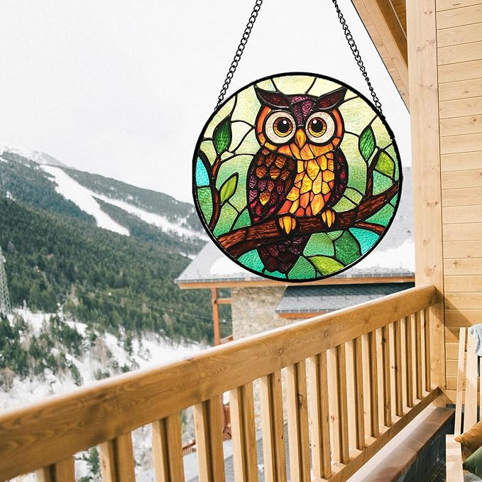 Stained Glass Window Hanging - Owl on a Branch Suncatcher for Doors Window Home Orange Brown Sun Catchers Decor Christmas Mother's Day Birthday Gifts for Teacher Women Men Mom Nana 6.3 in