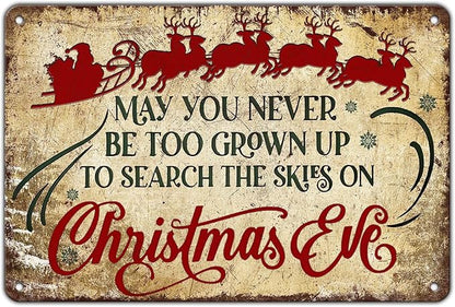 Christmas Signs Vintage Metal Tin, May You Never to Too Grown Up to Search The Skies Christmas Eve 8x12 Inch Rustic Wall Art for Festive Home Decor and Holiday Gifts