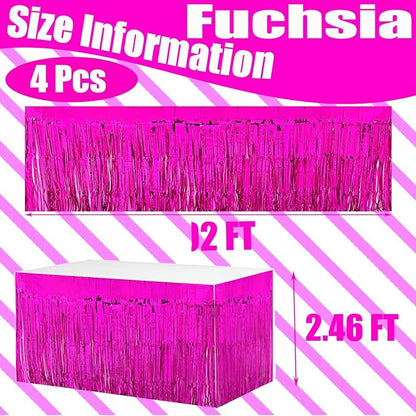 4 Pack 29x108 Inch Metallic Foil Fringe Tinsel Table Skirts for Rectangle Tables Streamer Curtains Backdrop for Christmas, Birthday, Parade Floats, Halloween Day Party Supplies(Fuchsia)