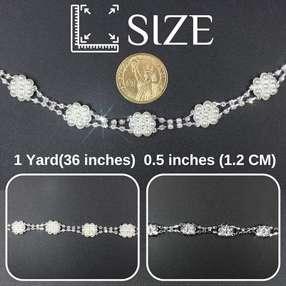 PEARLY JUN 1 Yard Pearl Rhinestone Trim Chain Silver Crystal Fringe Diamond Applique Ribbon String Tassel Strip for Sewing Wedding Dress Crafting Crafts Flower Embellishments