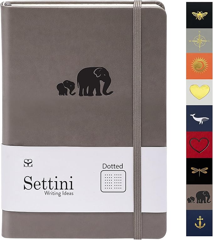 SETTINI Dotted Journal, Ideal for Bullet Journaling - A5 Vegan Leather Notebook, 192 Archival-Quality Pages, QuillEase Bleed-Free Paper, Inner Pocket & Bookmark - Elephant Gifts for Women & Men, Grey Elephants