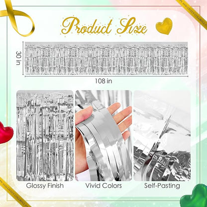 3 Pack Red Green Silver Table Skirts, 29x108" Metallic Foil Tinsel Fringe Table Skirt for Rectangle Tables Streamer Curtains Backdrop, Party Decorations for Birthdays, Weddings, Holidays