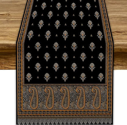 Vintage Paisley Table Runner, Boho Brown Black Flowers Leaves Print Table Runner for Home Dining Kitchen Table Party Wedding Decor, 13x36inch