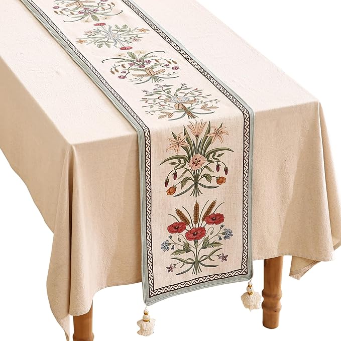ISAENNE Designer French Country Linen Table Runner 118 Inches Extra Long,Elegant Colorful Floral Pattern Table Runners for Dining Tables,Thanksgiving,Christmas,Kitchen Decor,12"*118"-Serenity F