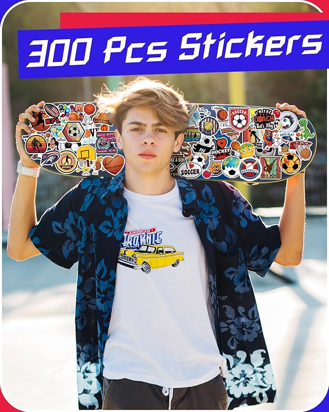 300 Pcs Sport Stickers for Kids, Sport Water Bottle Stickers, Vinyl Waterproof Laptop Sticker for Water Bottle, Bulk Sticker Packs for Boys Kids Classroom Prizes for Elementary Students