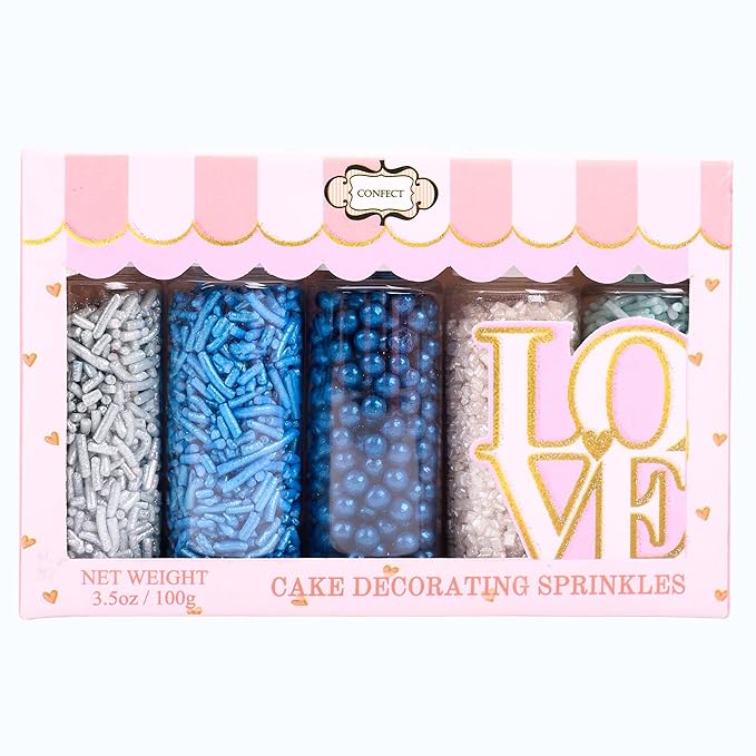 Confect Blue Sprinkles Mix – 5 Shades of Blue with Navy Dragees, Silver, Baby Blue Jimmies & White Sparkling Sugar | Edible Sprinkles for Cakes, Cupcakes & Baking | Vegan, Gluten-Free, Nut-Free, Soy-Free, Dairy-Free, Palm Oil-Free- 5 Oz