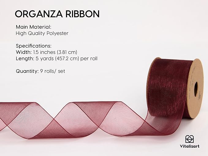 Vitalizart 1.5" x 45 Yards Organza Ribbon Set 9 Rolls x 5 Yd Sheer Ribbon for Gift Wrapping Crafts Christmas Tree Bows Wedding Invitations Wreaths Party Decor Bouquet DIY Projects (Mixed Colors)