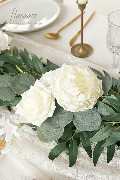 Floroom 6ft Artificial Eucalyptus Garland with Flowers Fake Greenery Faux Floral Vine Garland for Table Decor Wedding Centerpieces Bridal Shower Party Decorations, Ivory White
