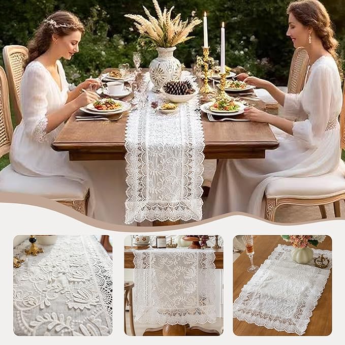 White Elegant Vintage Lace Table Runner,Wedding Lace Decor with Floral Embroidery,Tea Party Decor (White, 13.8X86 Inches)