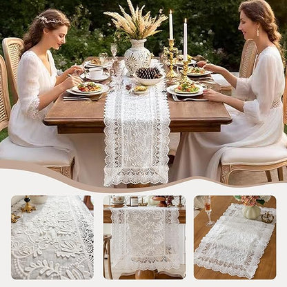 White Elegant Vintage Lace Table Runner,Wedding Lace Decor with Floral Embroidery,Tea Party Decor (White, 13.8X86 Inches)