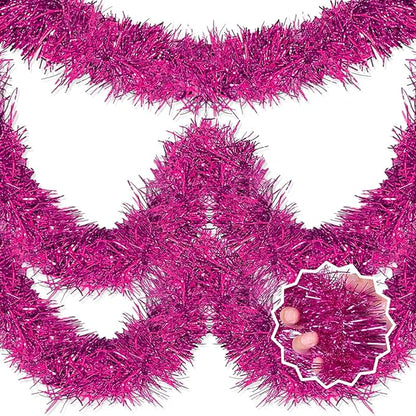 50 Feet Fuchsia Christmas Tinsel Garland, Metallic Foil Twist Banner Wall Hanging Tinsel Streamers Backdrop for Parade Floats, Christmas, Mother's Day, Birthday Party Decorations(2in x 50ft)