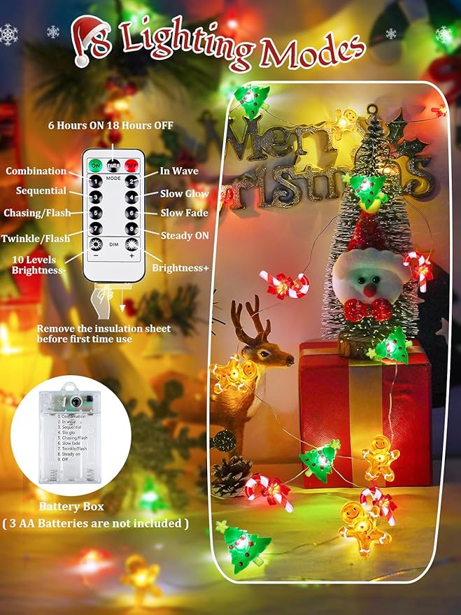 Christmas String Lights Decoration, 10ft 30LED Christmas Tree Gingerbread Man Candy Cane Fairy Lights Battery Operated with Remote, 8 Modes & Timer, Twinkle Light for Home Party Indoor Outdoor Decor