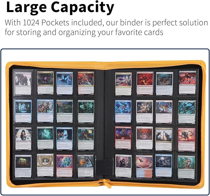 Snekdy premium 1024-pocket trading card binder, 16-pocket cards album, waterproof PU-leather Cover album with side loading, holds gaming, baseball, basketball & sports cards (Yellow)