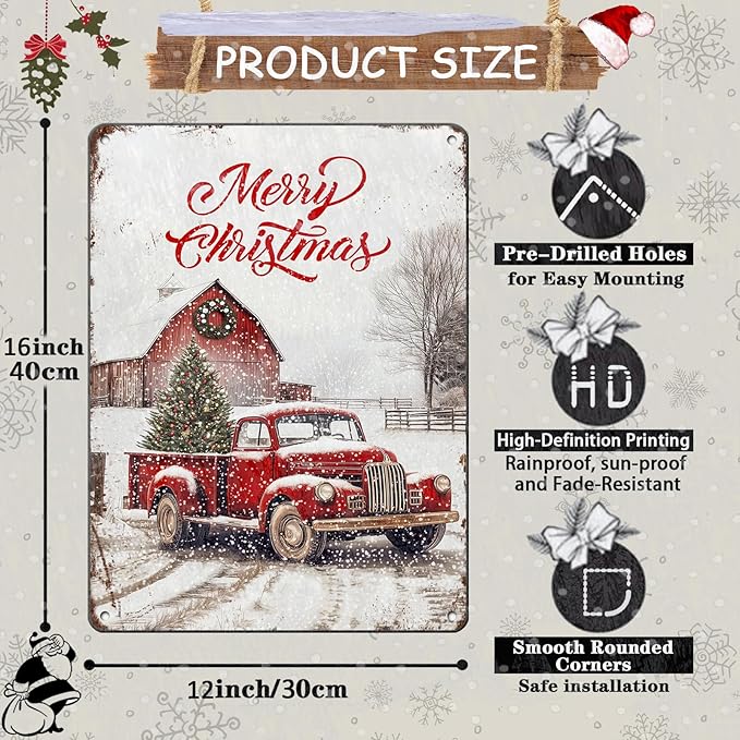 Vintage Christmas Red Truck Tin Sign Merry Christmas Truck Christmas Tree Metal Tin Sign Winter Rustic House Yard Xmas Pickup Holiday Wall Decorations Tin Sign 12x16Inch